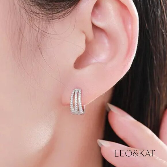 Zircon Triple Loop Silver Huggie Earrings. 925 Sterling Silver. #1116 - Picture 4 of 5